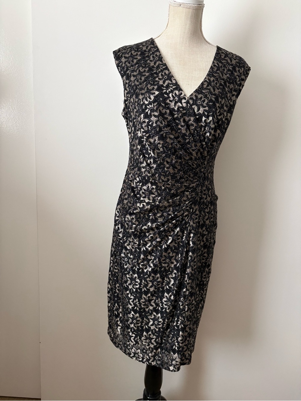 American Living Black Floral Jacquard V‑Neck Midi Dress